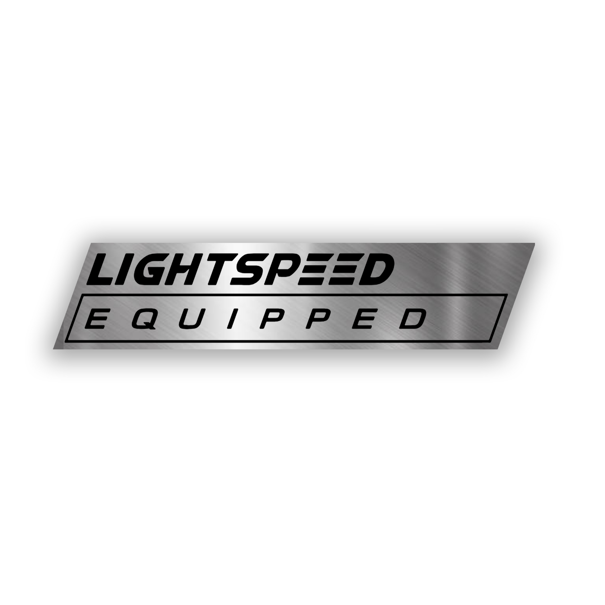 Lightspeed Equipped engraved silver car badge with futuristic lettering