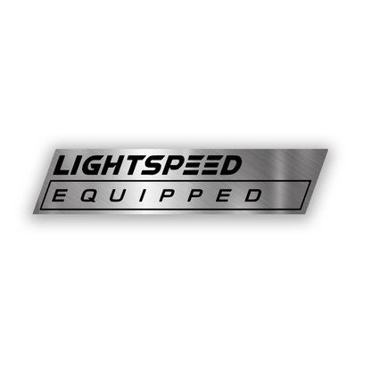 Lightspeed Equipped engraved silver car badge with futuristic lettering