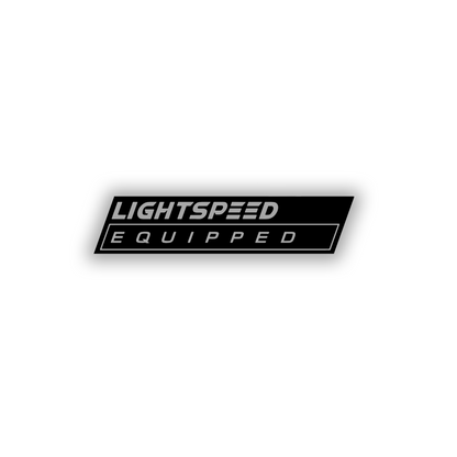 Space-themed Lightspeed Equipped car accessory with black lettering