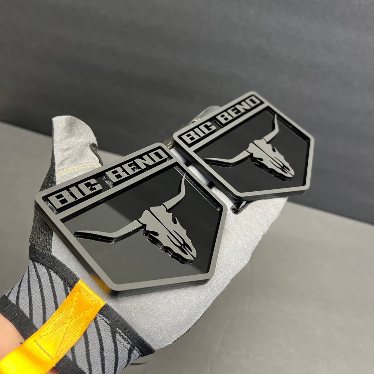 Engraved Big Bend Car Badge Fender Emblem with western bull skull design.