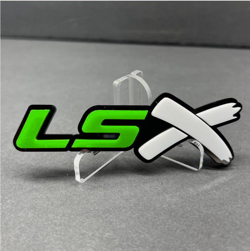 Acrylic LSX emblem side angle showing thickness