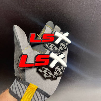 LSX crossed racing flags car badge designed for fender or exterior placement