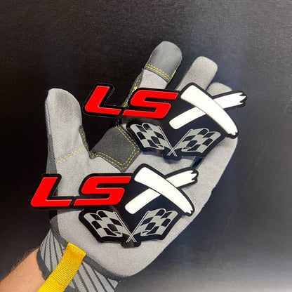 LSX racing flag car badge with red lettering and crossed white racing flags
