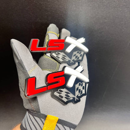 LSX racing emblem with checkered flags and bold red and white details