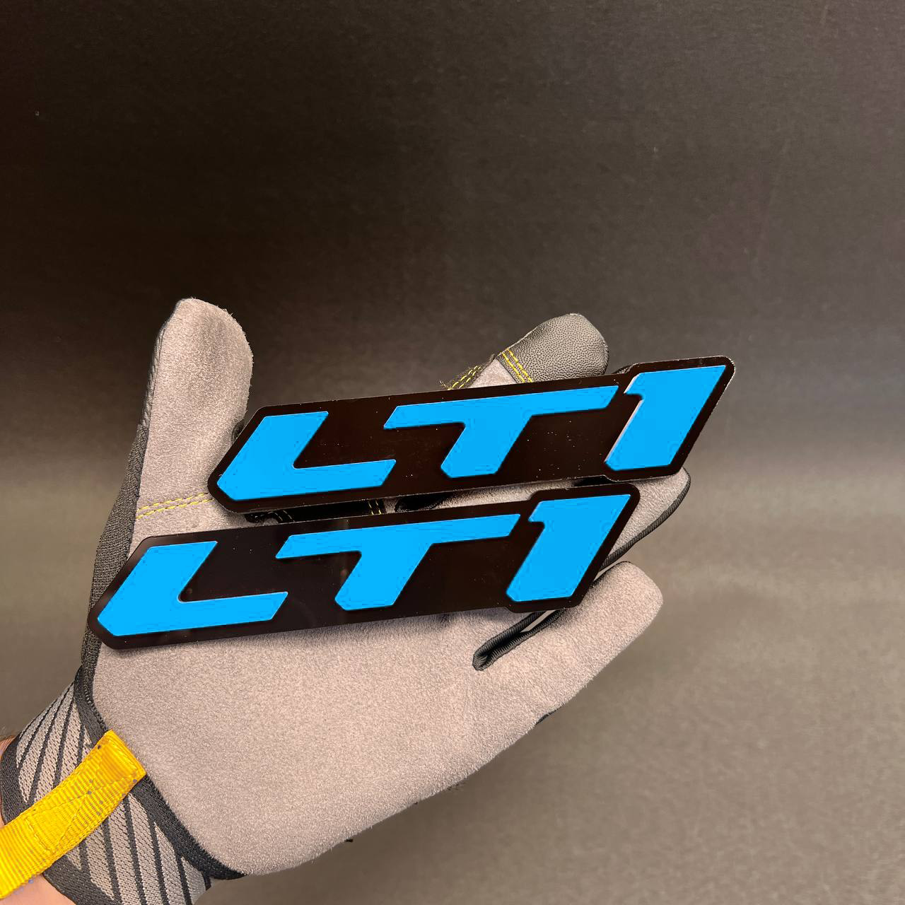 LTI car badge fender emblem pair shown in hand before installation