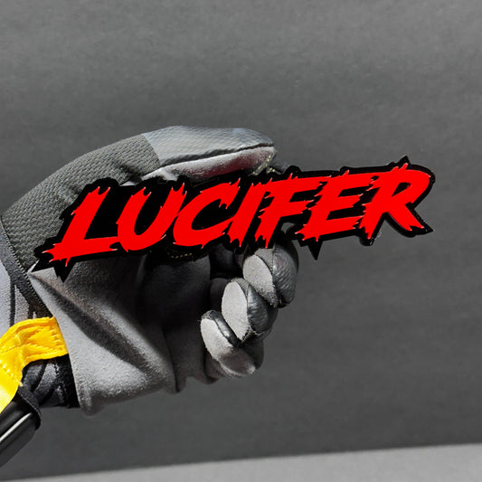 Lucifer aggressive style text emblem for Jeep Tacoma GMC Sierra custom appearance