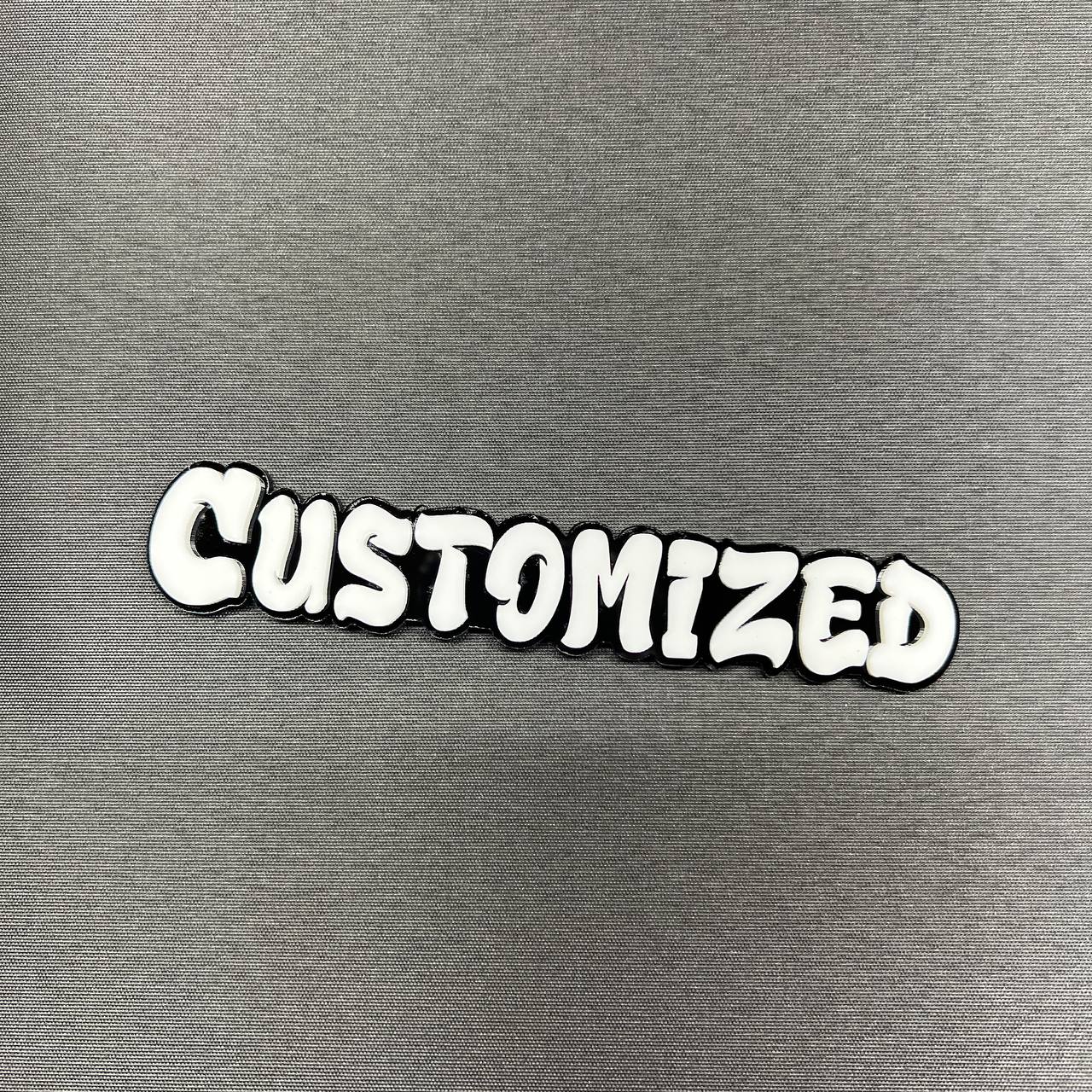 Graffiti font personalized car emblem with black backing
