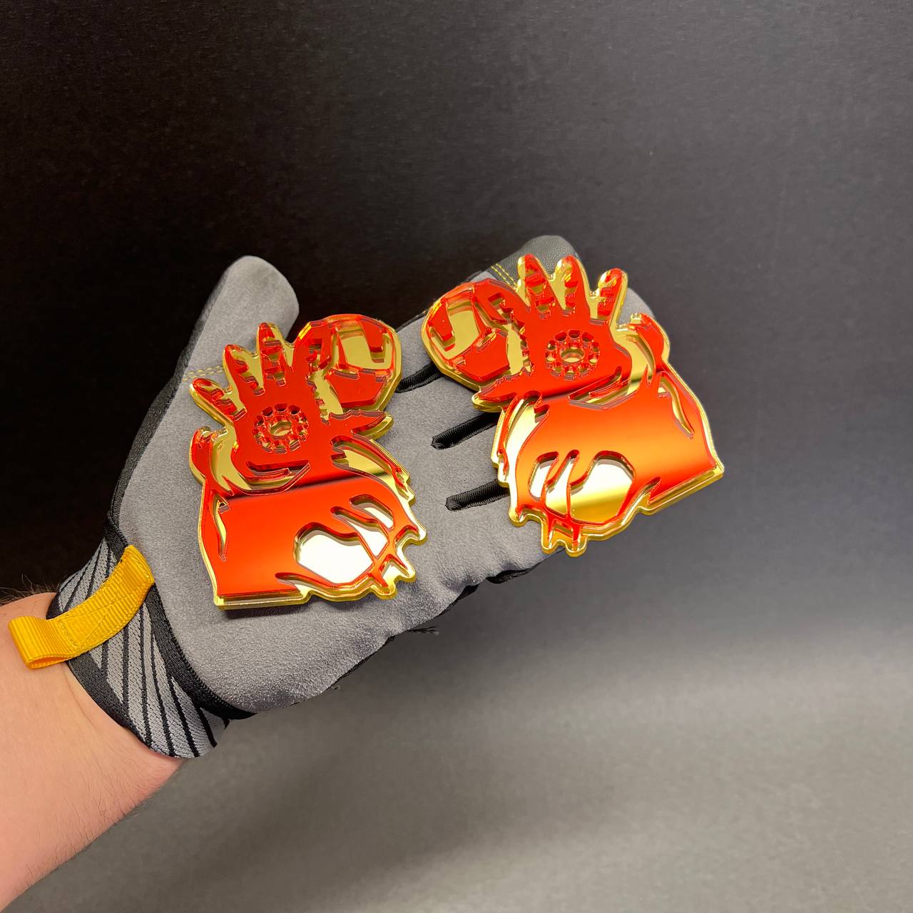 Set of two red gold custom auto badges with adhesive backing