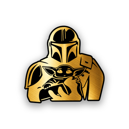 Star Wars inspired automotive badge with Mandalorian and Child character artwork