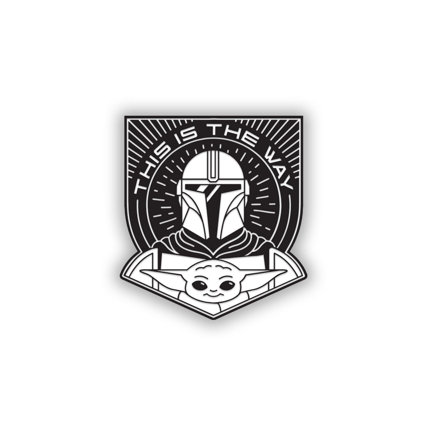 Black and brushed silver Baby Yoda vehicle badge with helmet design