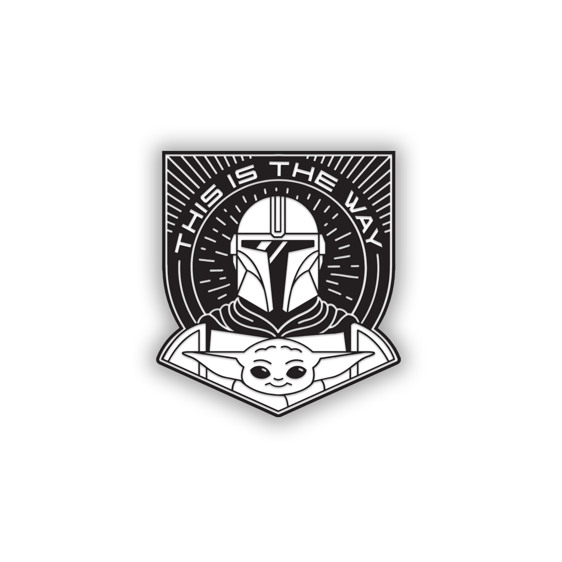Black and brushed silver Baby Yoda vehicle badge with helmet design