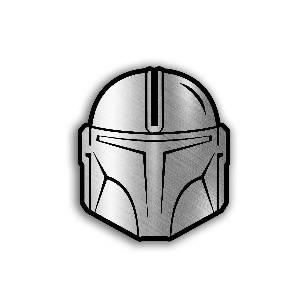 Mandalorian inspired engraved car badge featuring a clean sci fi warrior helmet design
