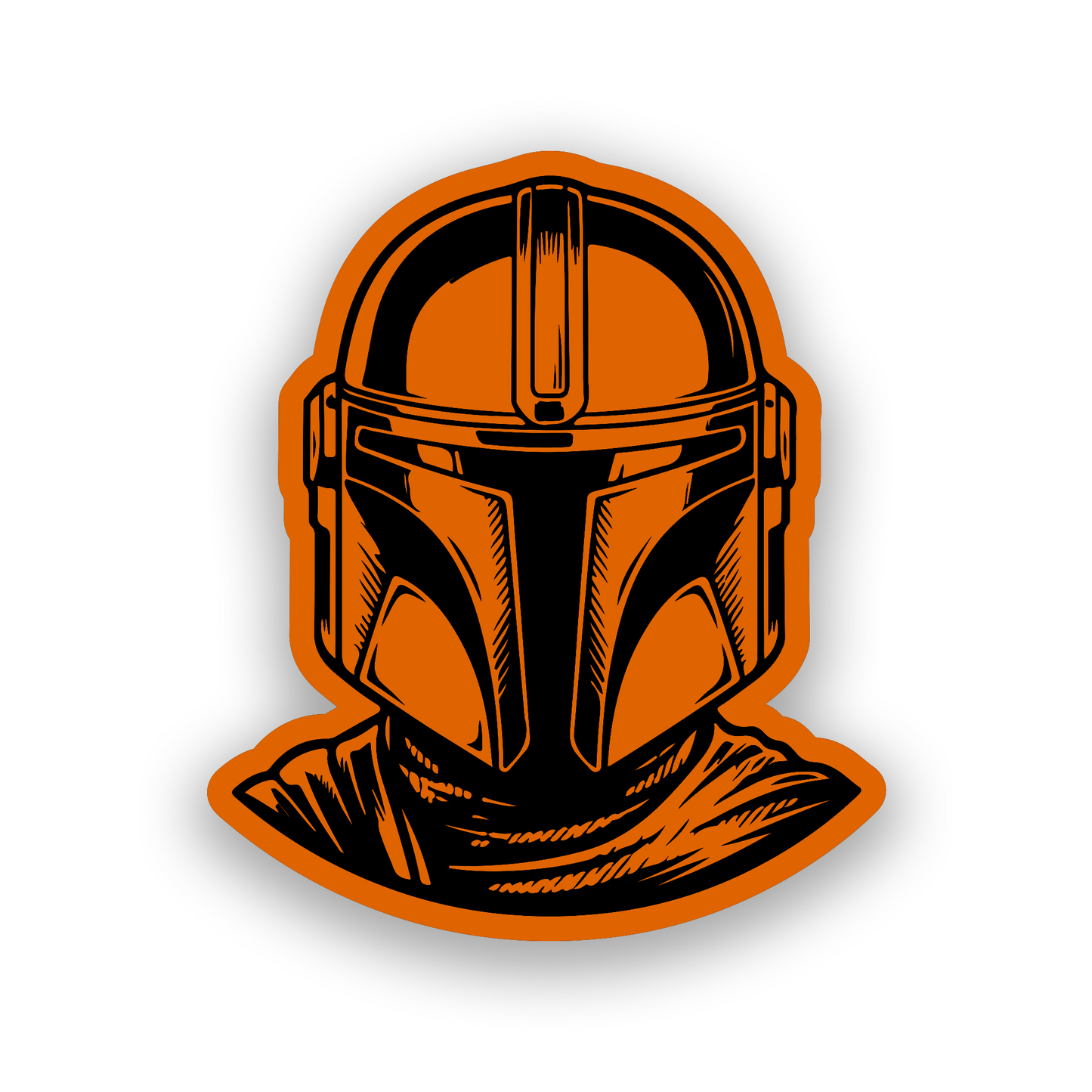 Engraved car badge with Mandalorian warrior helmet inspired automotive artwork