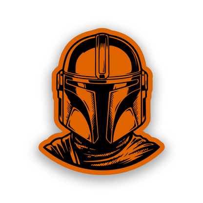 Engraved car badge with Mandalorian warrior helmet inspired automotive artwork