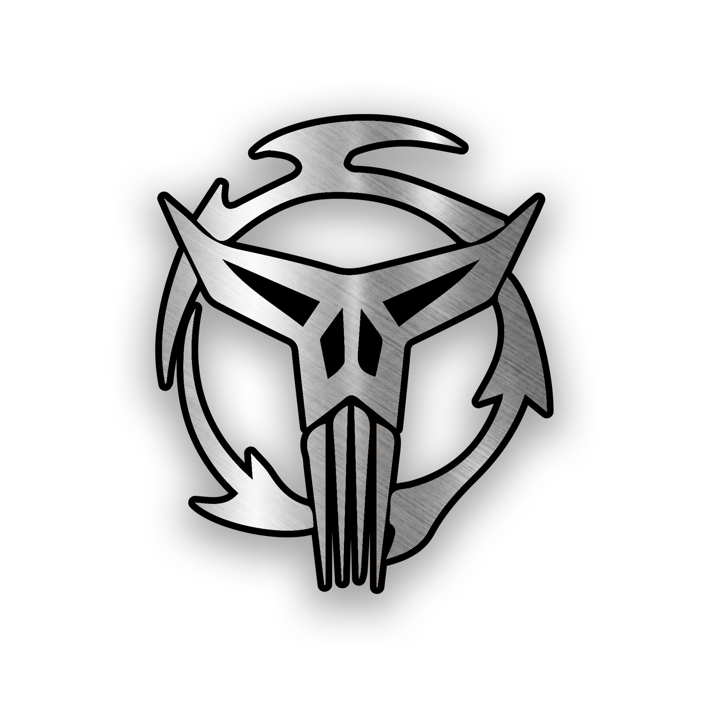 Mandalorian Neo Crusaders inspired engraved car badge with bold sci fi emblem design