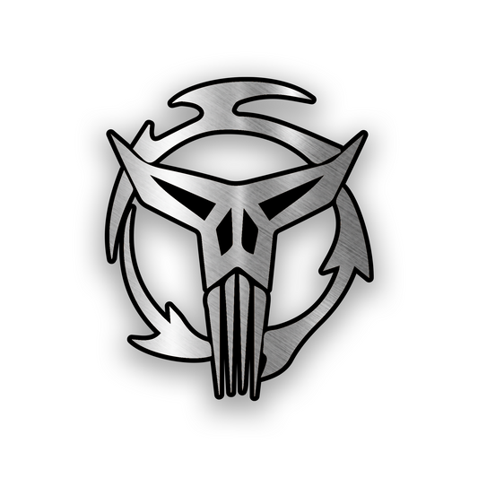 Mandalorian Neo Crusaders inspired engraved car badge with bold sci fi emblem design
