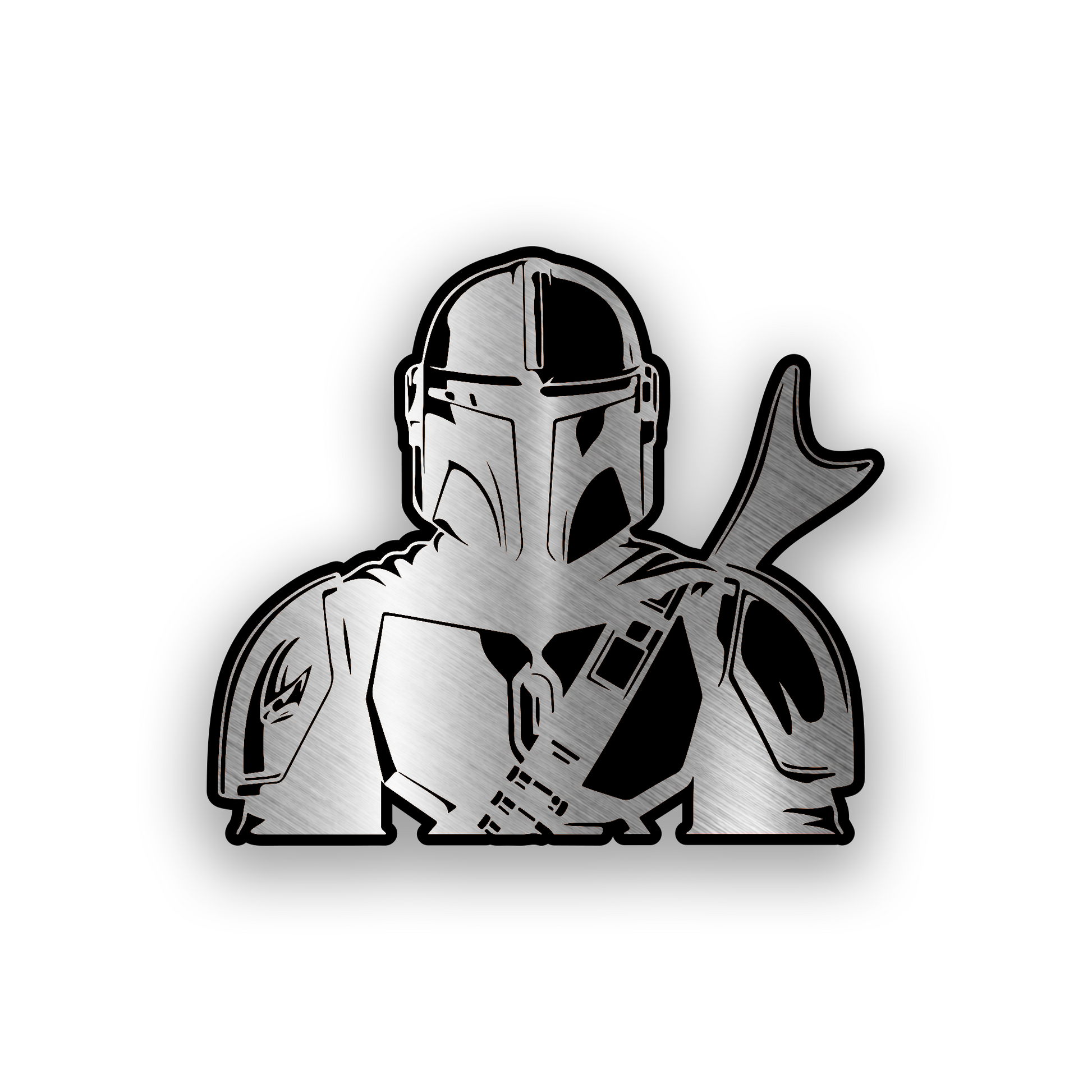 Din Mandalorian inspired engraved car badge with bold sci fi warrior helmet design
