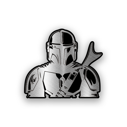 Din Mandalorian inspired engraved car badge with bold sci fi warrior helmet design