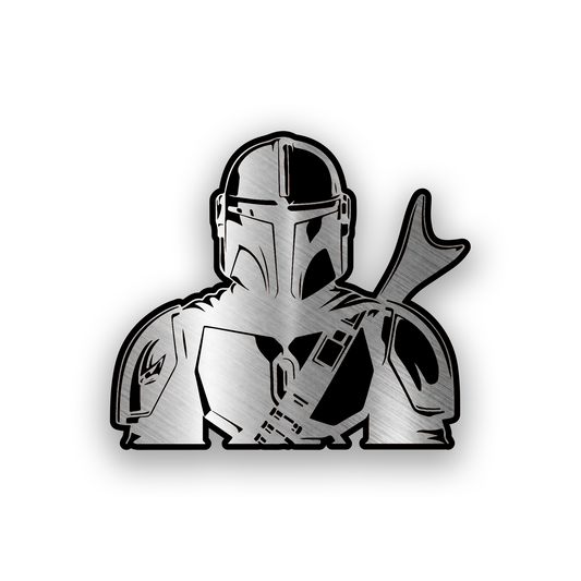 Din Mandalorian inspired engraved car badge with bold sci fi warrior helmet design