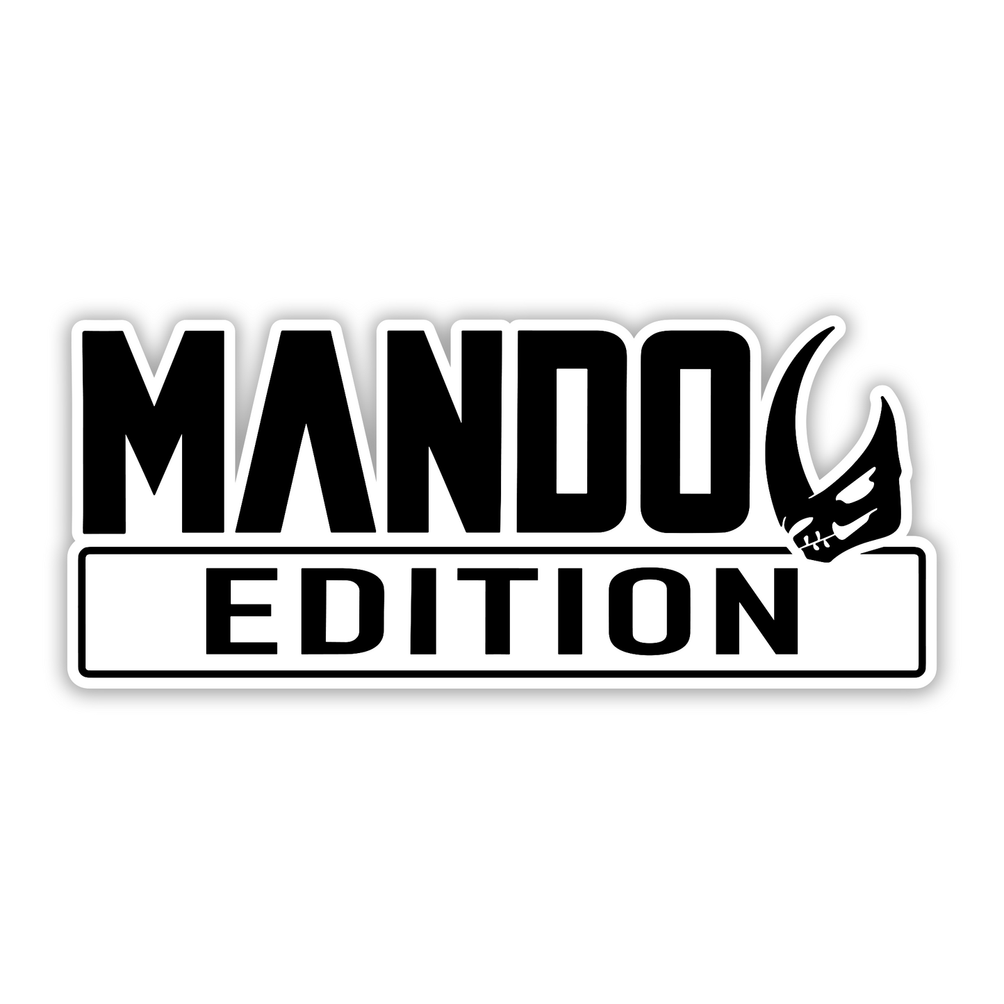 Mando Edition custom car fender badge featuring black lettering and silver background