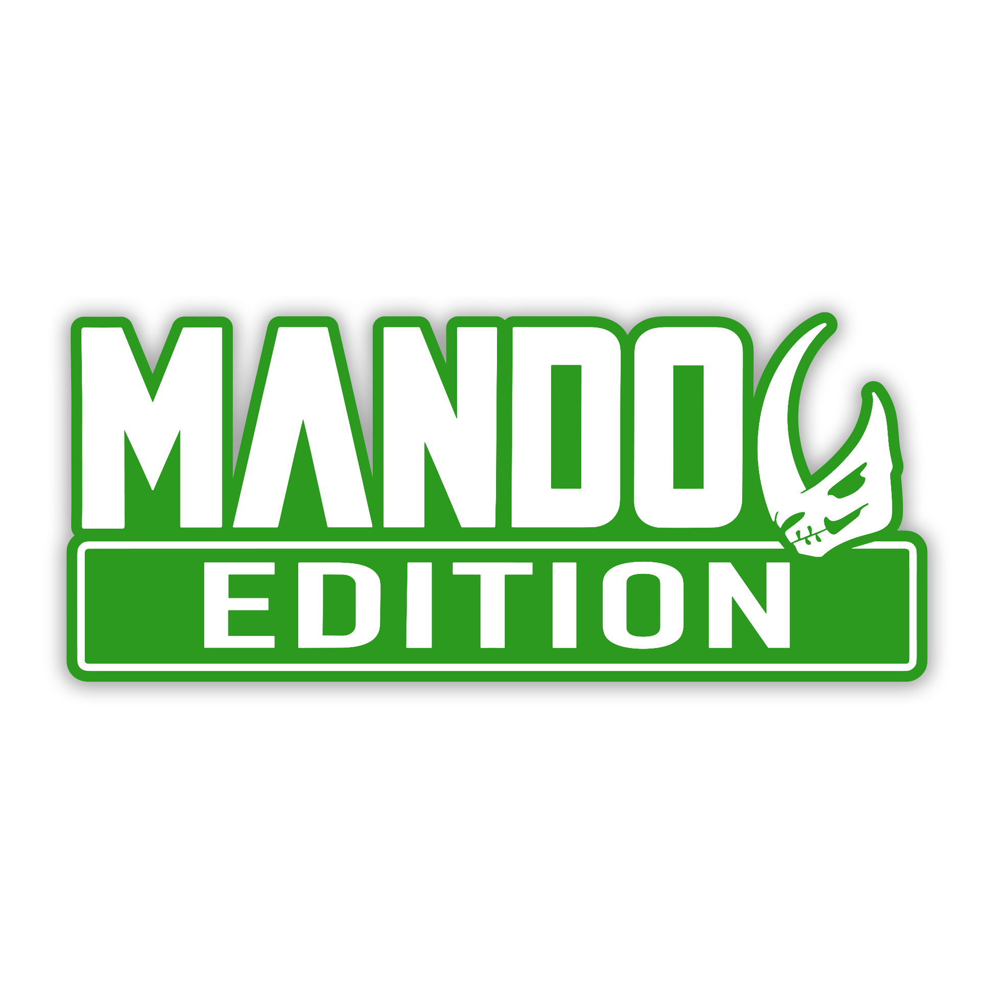 Engraved Mando Edition fender nameplate badge with black and silver design