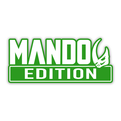 Engraved Mando Edition fender nameplate badge with black and silver design