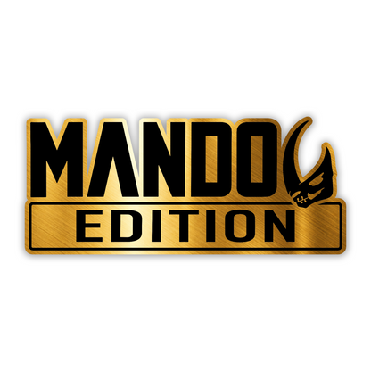 Mando Edition metal look car badge with detailed helmet graphic and engraved finish
