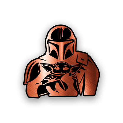 Laser engraved Mandalorian and Grogu inspired badge for custom vehicle exterior styling