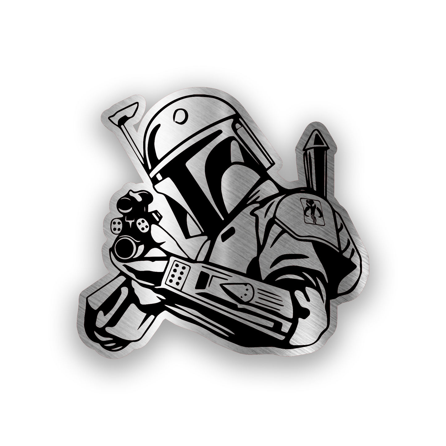 Mando inspired engraved car badge with bold sci fi helmet emblem design
