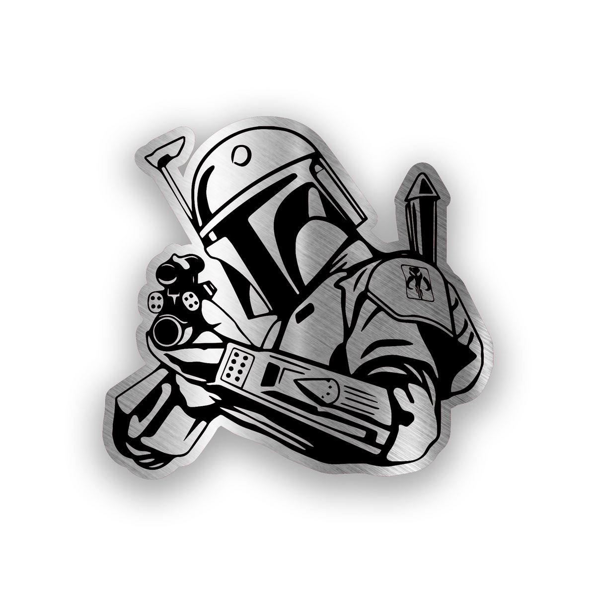 Mando inspired engraved car badge with bold sci fi helmet emblem design