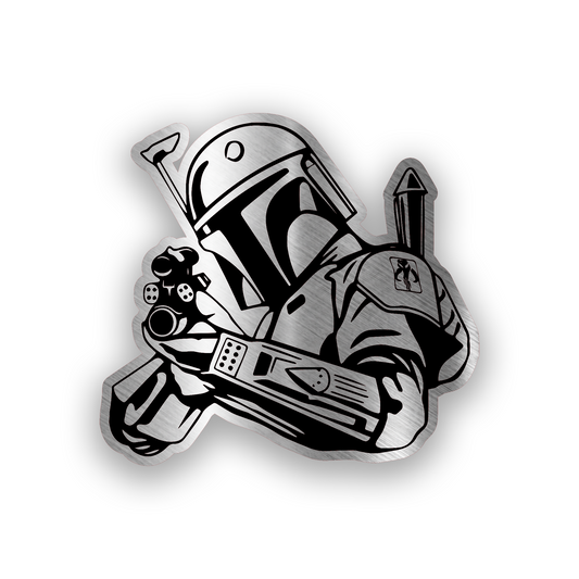Mando inspired engraved car badge with bold sci fi helmet emblem design