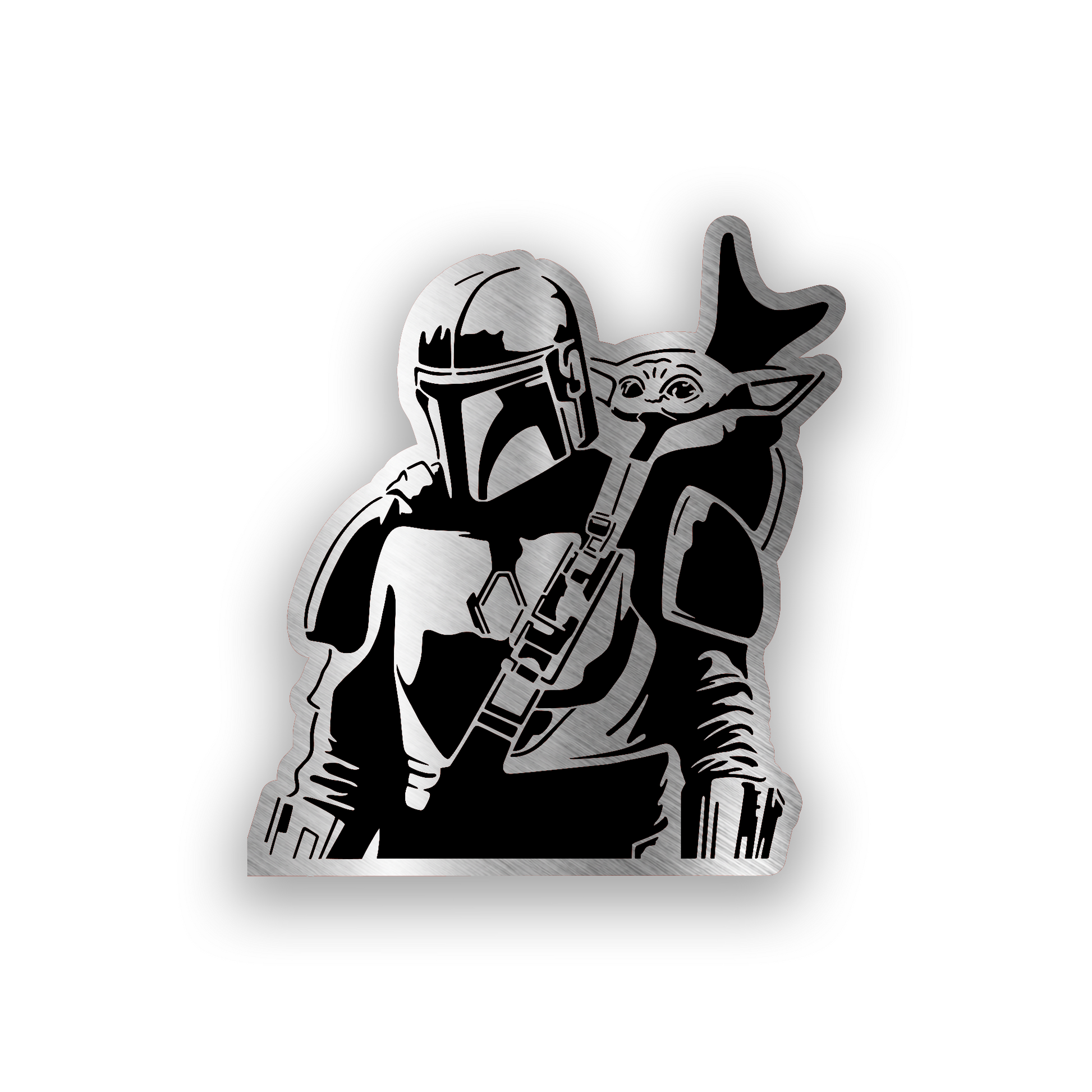 Mando inspired engraved car badge with bold sci fi helmet emblem design