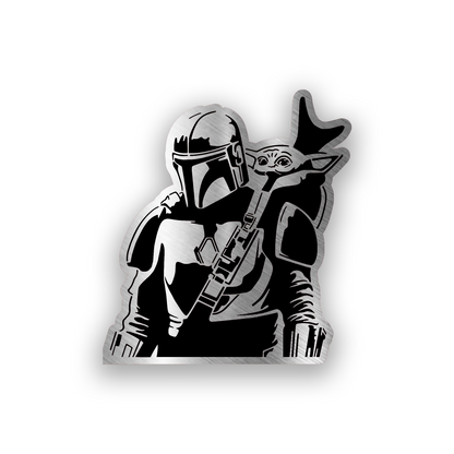 Mando inspired engraved car badge with bold sci fi helmet emblem design