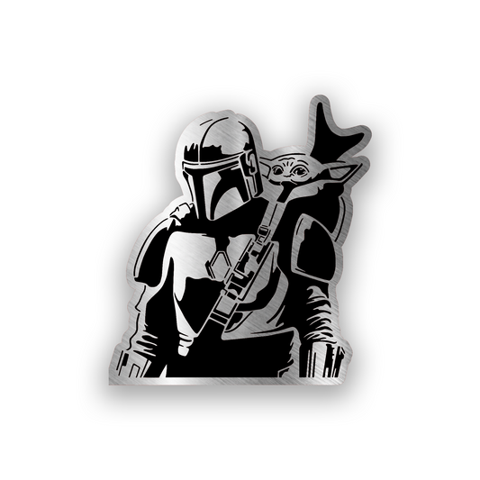 Mando inspired engraved car badge with bold sci fi helmet emblem design