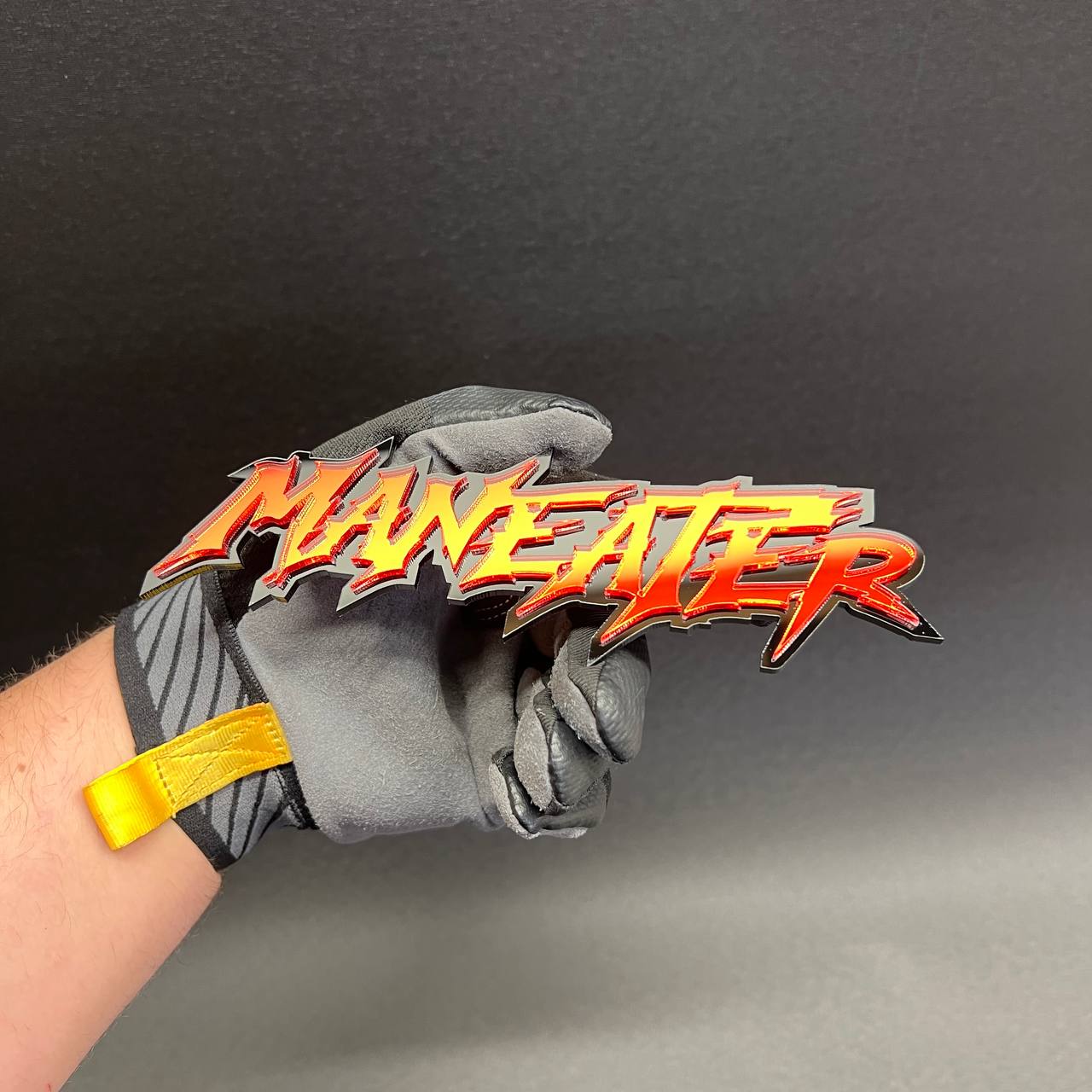 Red and black MANEATER acrylic car badge emblem for truck and muscle car styling