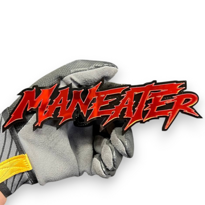 Horror inspired MANEATER vehicle emblem for custom truck and car enthusiasts
