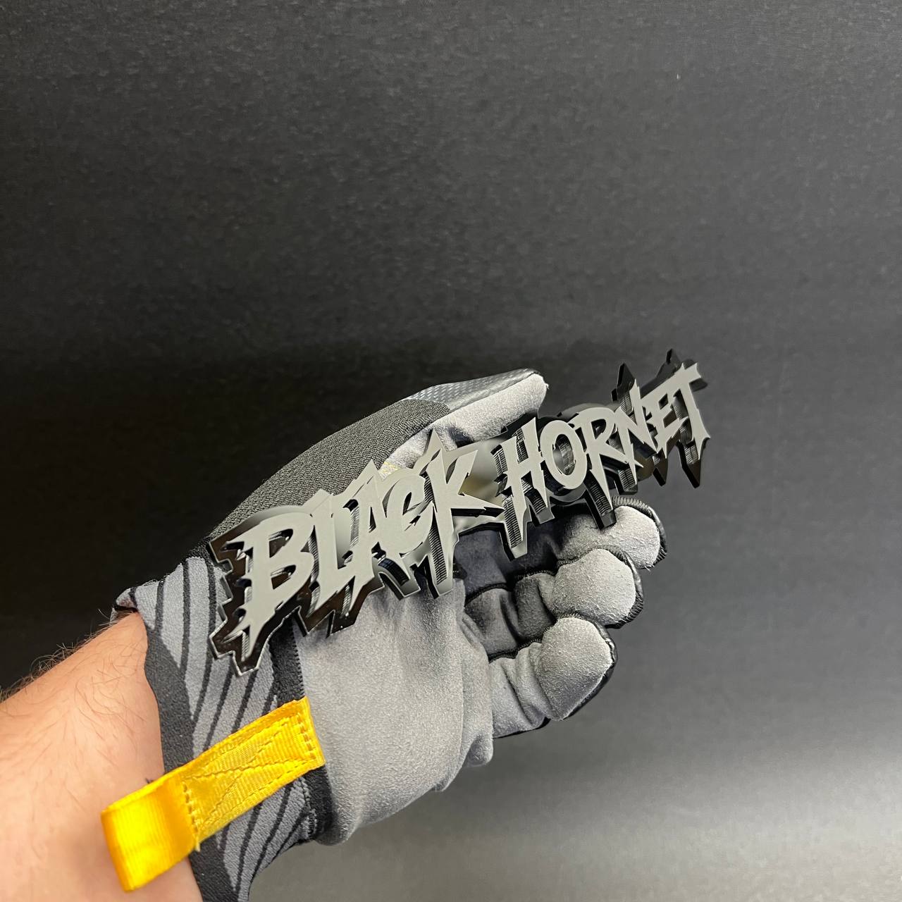 Matte black Black Hornet layered acrylic car badge with aggressive performance font