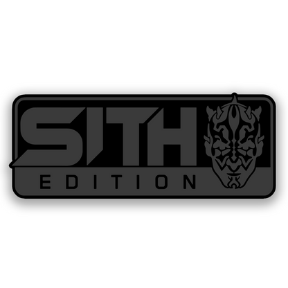 Maul Sith Edition automotive badge with black lettering and brushed silver background