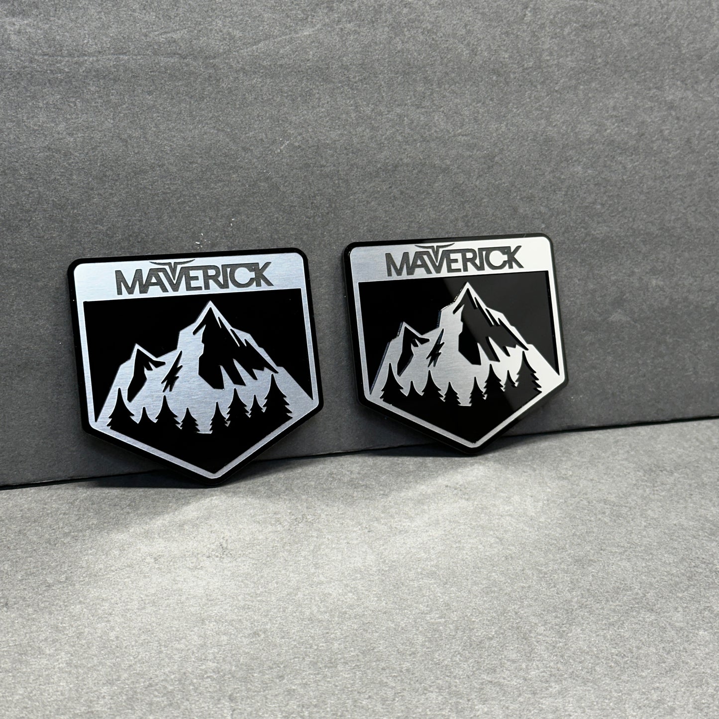 Durable peel and stick Maverick forest mountain automotive badge