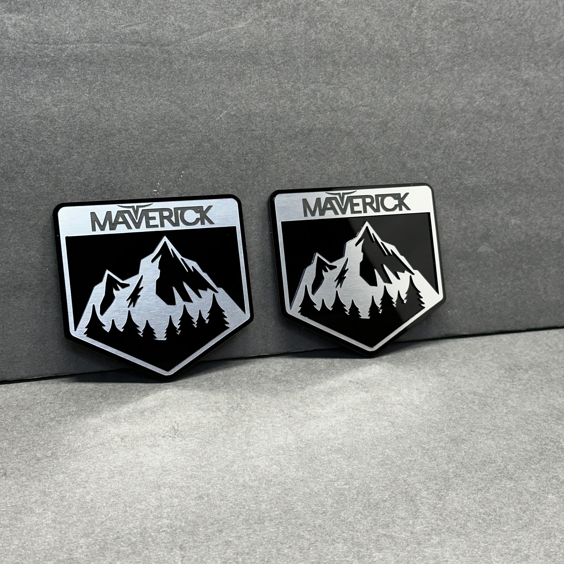 Durable peel and stick Maverick forest mountain automotive badge
