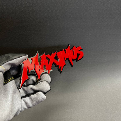 Red and black MAXIMUS truck exterior decal with aggressive sharp letter design