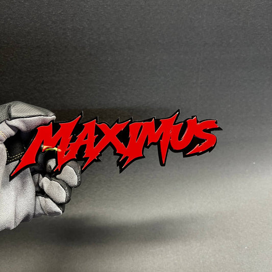 MAXIMUS Car Badge Fender Emblem in red and black for custom vehicle exterior styling