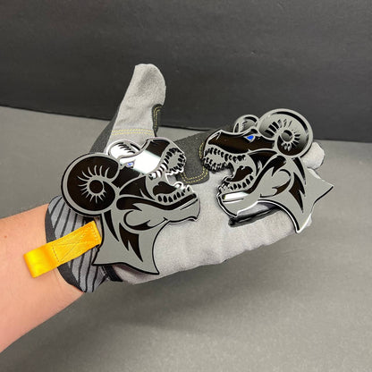 Mega Zilla Ram Horns car badge in glossy black finish with aggressive monster design.