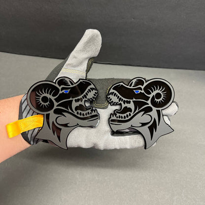 Mega Zilla Ram Horns fender badge with aggressive automotive styling.