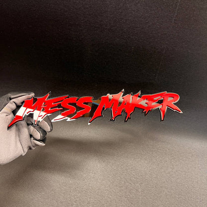 Custom red black MESS MAKER badge for vehicle exterior decoration and styling