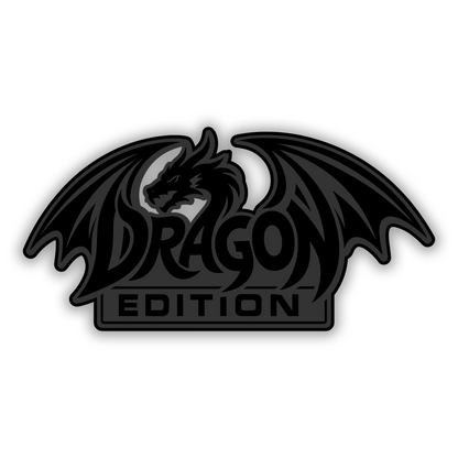 Engraved dragon wing automotive badge with Dragon Edition text and silver finish