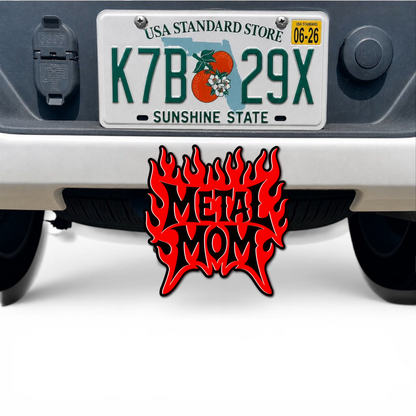 3D Metal Mom hitch cover car badge in red and black heavy metal style