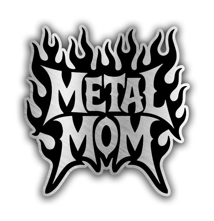 Custom Metal Mom car badge fender emblem with bold gothic text and flame design for automotive exterior styling