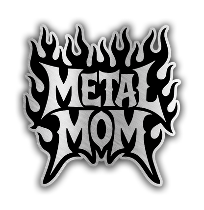 Custom Metal Mom car badge fender emblem with bold gothic text and flame design for automotive exterior styling
