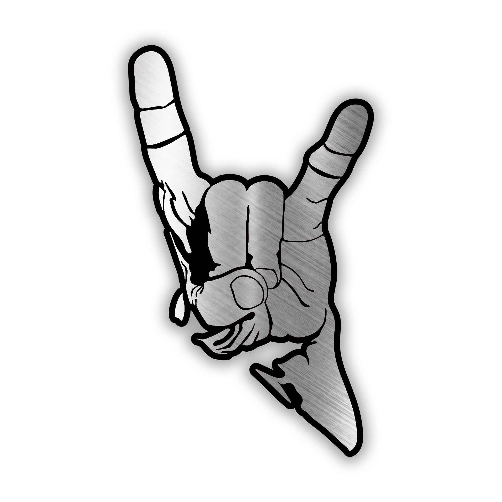 Engraved Rock and Roll hand sign car badge emblem in brushed silver and black